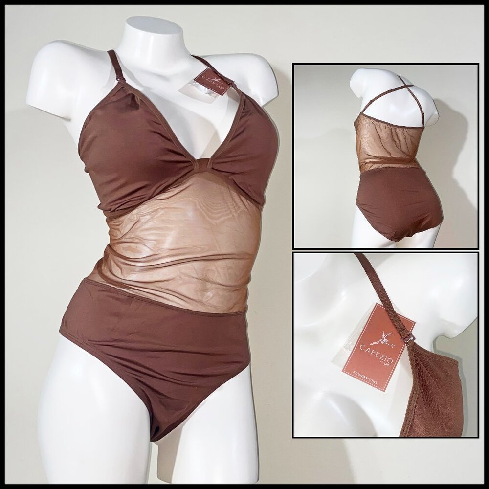 NEW CAPEZIO BROWN 3X PLUNGE NECK MESH MIDRIFF LEOTARD